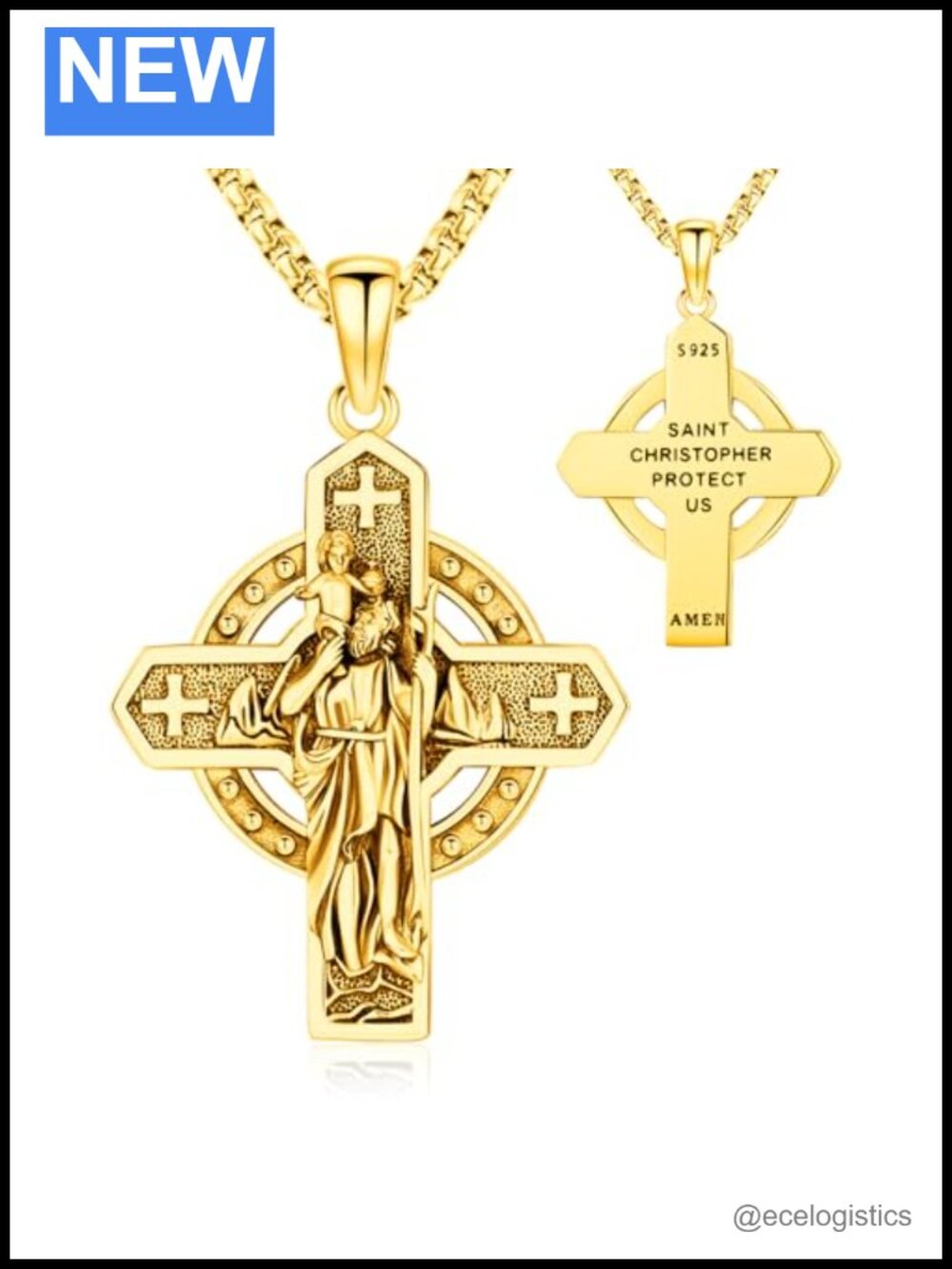 S925 Sterling Silver Gold Plated St Christopher Cross Amulet Necklace